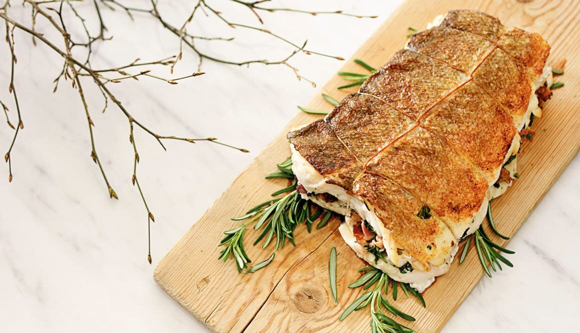 Torskstek med svamp- och baconfyllning