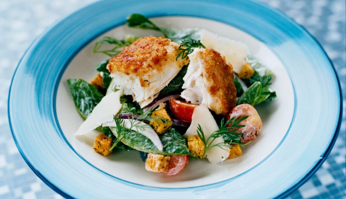 Ansjovis- och prästostbakad hälleflundra