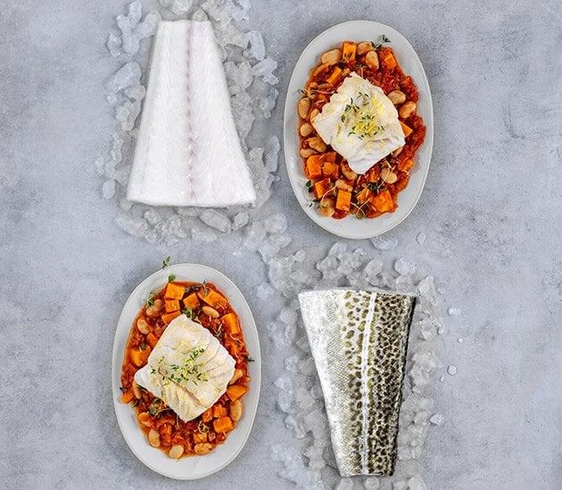 Skrei sauterad med bönor, sötpotatis och timjan 