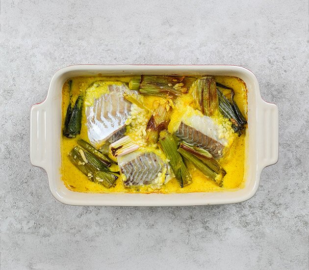 Fiskgratäng på sej med purjolök och curry